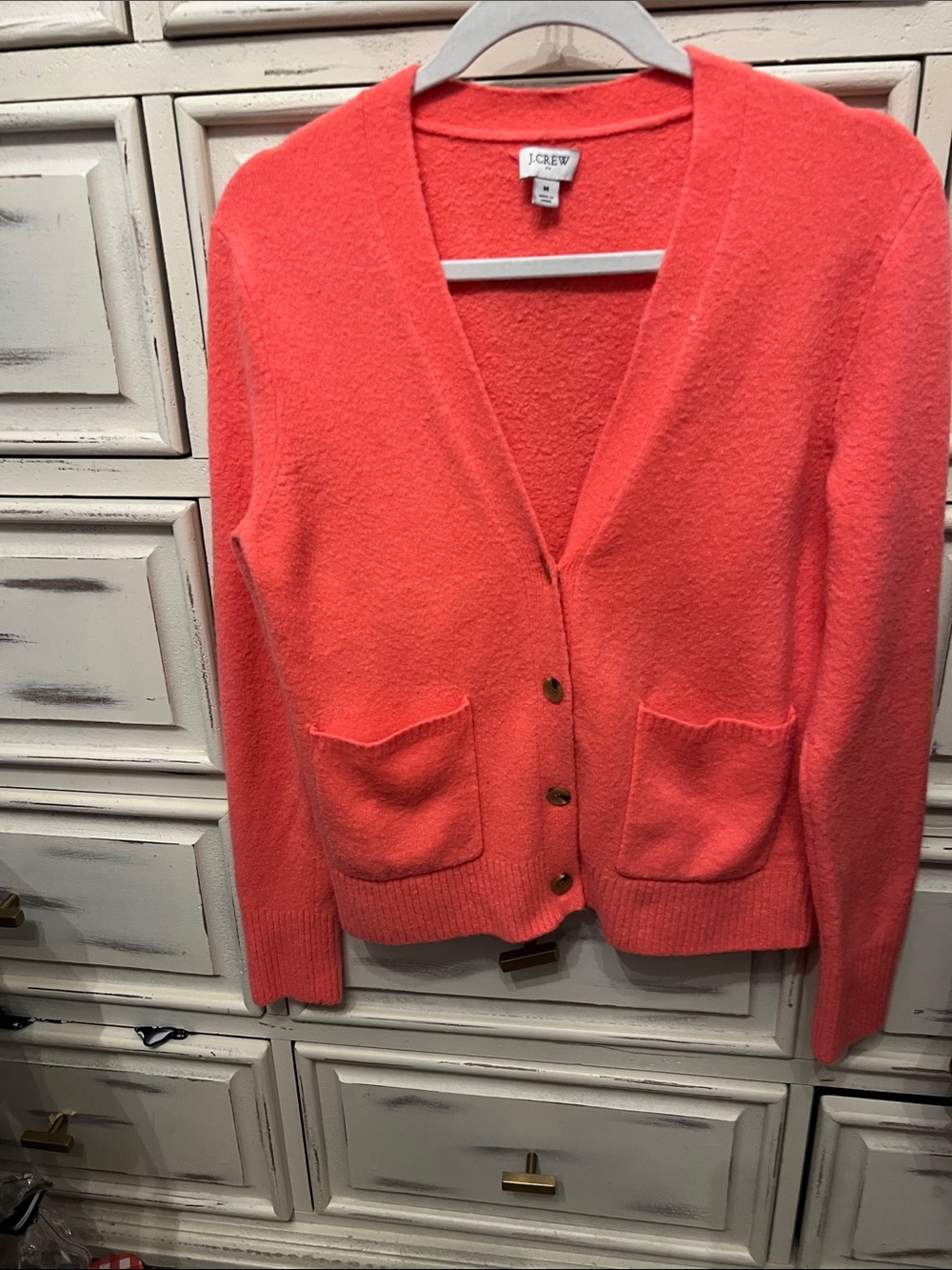 J. Crew Coral Orange V-Neck Button Pocket Cardigan